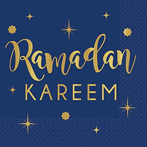 Elegant Navy Blue Eid Hot Stamp Beverage Napkins - 5" x 5" (Pack Of 16), High-Quality Materials & Unique Design - Perfect For Eid Celebration