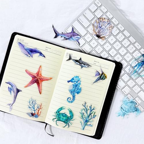 50PCS Marine Animal Stickers PET Transparent Stickers Starfish,Jellyfish,Sea Turtles,Seahorses,Whales Decals Waterproof Ocean Decals for Scrapbook DIY Crafts Planner Water Bottles Laptops (Ocean) - color: Ocean