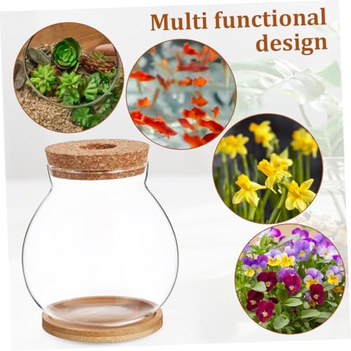 Small Glass Fish Bowl with Wood Lid, Hydroponic Desktop Aquarium Tank 10x11cm with Mat, Mini Planter Fish Tank for Home and Office Decoration