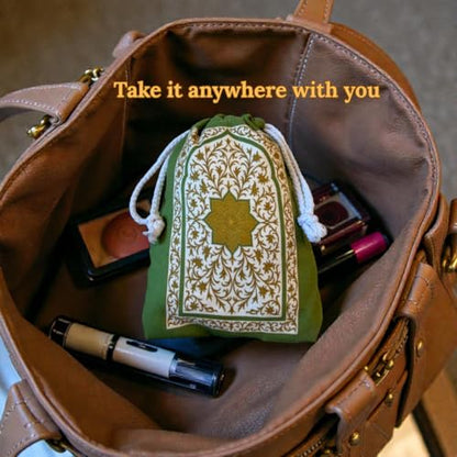 The Anywhere Sajadah Portable Microfiber Suede Travel Prayer Mat, Foldable Pocket Sajjadah with Drawstring Pouch, Quick-Dry, Machine Washable, Lightweight Prayer Rug, Gift for Hajj, Umrah & Travel