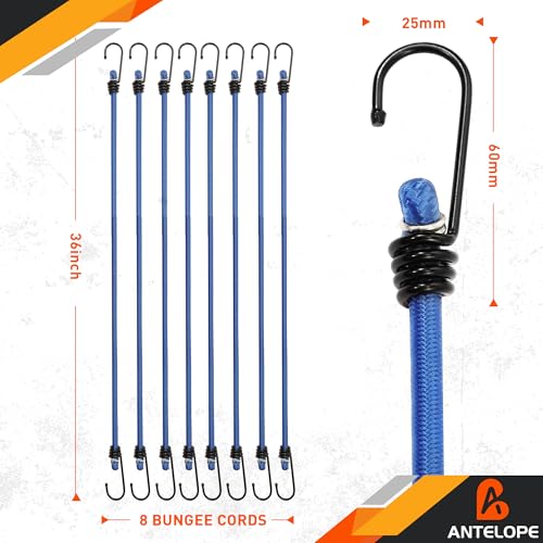A ANTELOPE 8PK 36" Bungee Cords Premium Heavy Duty Rubber with Hooks (Blue) | Bungee Cords Heavy Duty Outdoor for Outdoor Tent, Luggage Rack, Camping, Cargo, RV, Bicycle, Transportation - style: 36" x 8pcs