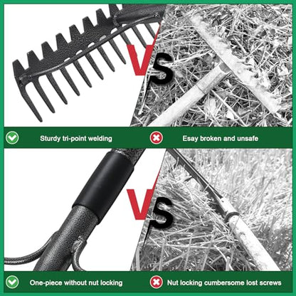 49'' Bow Rake ，17 Tines Metal Head Rakes with Stainless Steel Handle，Heavy Duty Garden Rake for Loosening Soil Gathering Leaf Leveling Lawn Farming Land Management Yarn Thatch Rake - style: 49inch
