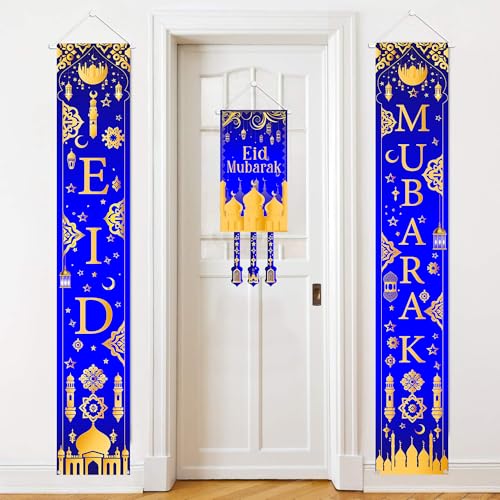 Eid Mubarak Decorations Door Banner - 3 Pack Eid Porch Signs with Door Cover, Ramadan Wall Hanging Backdrop for Muslim Home Outdoor (Blue Gold) - color: Blue Gold