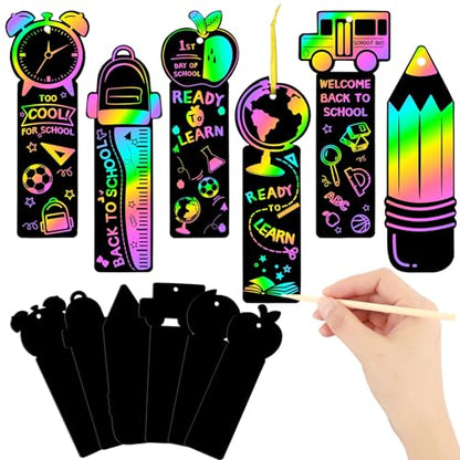 JUNEBRUSHS 30Pcs Welcome Back to School Scratch Bookmarks Rainbow Scratch | Back to School DIY Craft Kit, First Day of School Gifts for Students , Classroom Activity, Party Favors - style: Back to School Style