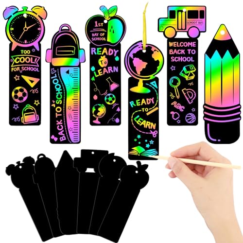 JUNEBRUSHS 30Pcs Welcome Back to School Scratch Bookmarks Rainbow Scratch | Back to School DIY Craft Kit, First Day of School Gifts for Students , Classroom Activity, Party Favors - style: Back to School Style