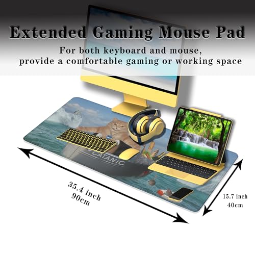 XXL Mouse Pad - Funny Cats Desktop Computer Mat, Large Desk Pads, Non-Slip Rubber Base Waterproof with Stitched Edges, 35.4" X 15.7" for Work/Game/Office/Home - color: Funny Cats
