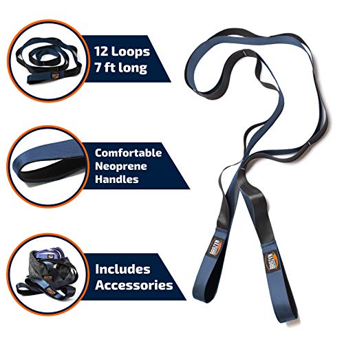 Brazyn Mobility Stretching Strap | Multi-Functional 12-Loop Strap for Stretching, Yoga, Physical Therapy, Pilates, Dance and Gymnastics - color: Navy