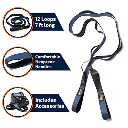Brazyn Mobility Stretching Strap | Multi-Functional 12-Loop Strap for Stretching, Yoga, Physical Therapy, Pilates, Dance and Gymnastics - color: Navy