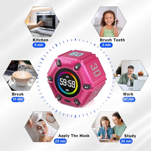 Printers Jack Visual Pomodoro Timer, Productivity Cube Timer, Mute & Vibration & Adjustable Sound Alert, for Office, ADHD, Study, Work, 3/5/10/25/30/60min & Custom Countdown - Hot Pink - color: Hot Pink