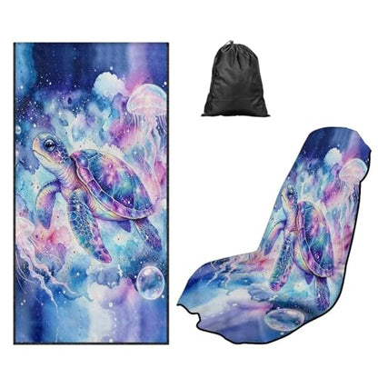 Sea Turtle Print Towel Automotive Seat Covers Jellyfish Print Athletic Towels for Car Seats with Storage Bag Absorbent Microfiber Towels Universal Fit Truck Sedan SUV - color: Blue-Sea Turtle Jellyfish