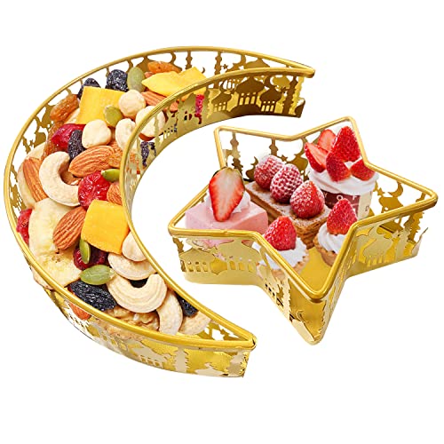 Ramadan Tray Eid Mubarak Moon Star Tray, Islam Muslim Al-Fitr Iftar Party Food Serving Tray, Ramadan Metal Platters Table Decor for Breakfast Dinner Dessert Pastry Display Holder Decoration - color: Gold