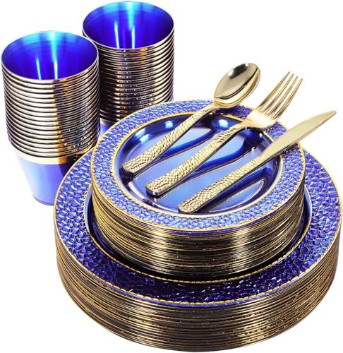 Nervure 150PCS Clear Blue Plastic Plates with Gold Hammered Silverware Set - color: Clear Blue