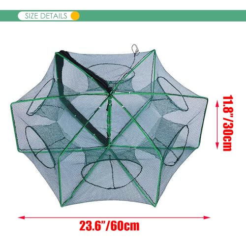 Foldable Bait Trap Fishing Net - Hand Cast Cage for Catching Fish Shrimp Crab Crawfish - color: Green, size: 6 Entrances
