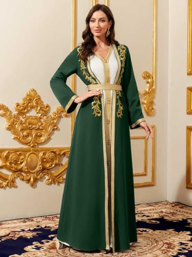 Elegant Muslim Dress with Gold Embroidered Evening Gown, Traditional Islamic Attire - color: Dark Green, size: Medium