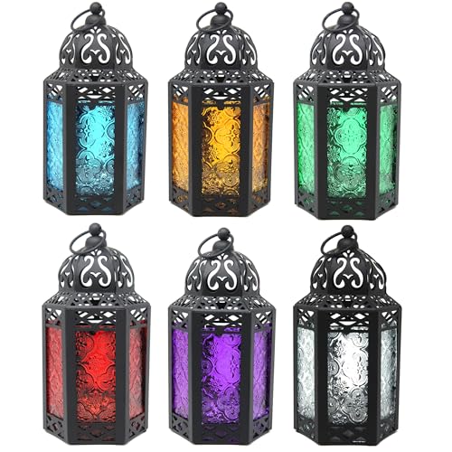 VELA LANTERNS 6pk Small Metal Moroccan Decor Candle Lantern, Decorative Candle Holder Lamp for Ramadan, Indoor Home Decor, Patio, Weddings, Table or Hanging, Assorted Colors - color: Black/Assorted, size: Small