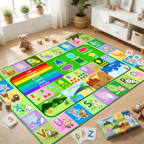 Educational ABC Rug for Bedroom, 2.5x4 Feet Learning Area Rug for Classroom, Non-Slip Alphabet Floor Carpet with Numbers Animals Seasons Fruits, Green Floor Mat - color: Multi 989 Green, size: 2'6" x 4' (Rectangular)