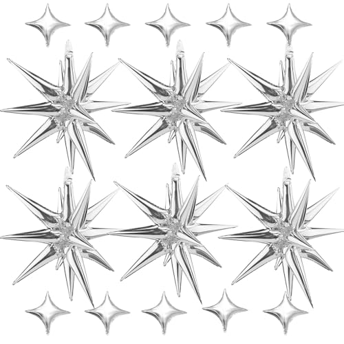 6 Pcs Explosion Star Foil Balloons- 12 Point Star Balloons,Silver Spike Balloons and 10Pcs Four Pointed Star Balloos for Party Supplies Christmas Birthday Wedding Photo Booth - color: 16 Pcs Silver Star Balloons