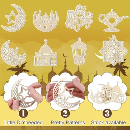 Barydat 36 Pcs Eid Mubarak Ornaments Ramadan Decorations Wooden Hanging Tree Ornaments Islamic Ramadan Cutouts Decor Castle Lantern Hanging Wood Cutouts Embellishment with Rope