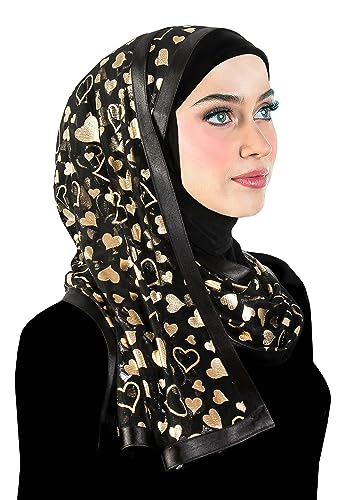 Stylish Mona Hijab Women's Black Kuwaiti with Chiffon Wrap Shawl & Satin Trim - color: Black Double Gold Hearts