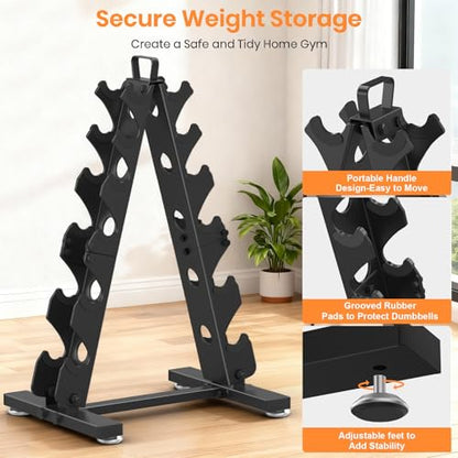TomCare 6-Tier|5-Tier|4-Tier|2-Tier Dumbbell Rack Stand Only for Home Gym | Stable A-Frame, Fits 5–35 lb Dumbbells, Protective Padded Cradles, Adjustable Feet, Easy-Carry Handle (Stand Only) - color: Black, size: 6 Tier