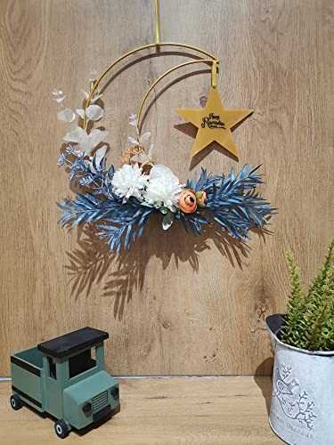 Eid 라마단 무바라크 화환 장식, 별 사인이 있는 달 화환, 현관용 인공 금속 후프 벽걸이 꽃 화환, 벽 창문 파티 벽 장식 실내 실외용