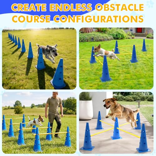 Wdmiya 18.9" Dog Agility Training Hurdle Cone Set with Adjustable Crossbar | Dog Agility Course Backyard Set, Dog Agility Equipment for Obedience, Rehabilitation, Starter - 12 Cones & 6 Poles