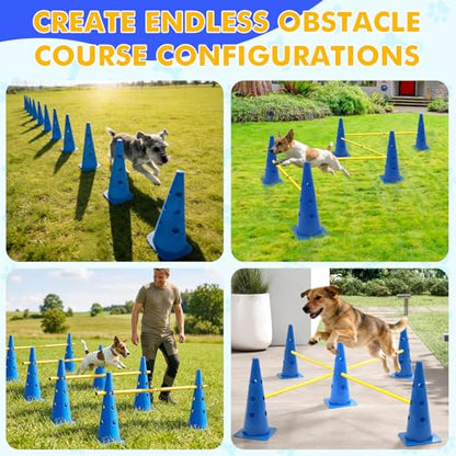 Wdmiya 18.9" Dog Agility Training Hurdle Cone Set with Adjustable Crossbar | Dog Agility Course Backyard Set, Dog Agility Equipment for Obedience, Rehabilitation, Starter - 12 Cones & 6 Poles