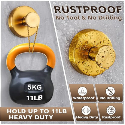 Suction Cup Hooks for Shower,Stainless Steel Towel Hooks No Drill | Vacuum-Lock Mount, Removable and Reusable for Glass, Tile, Metal and Smooth Non-Porous Surfaces(2 Pack, Brushed Gold) - color: Brushed Gold