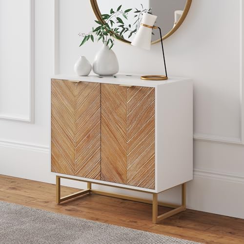 Nathan James Enloe Modern Storage Free Standing Accent Cabinet White with Doors in a Rustic Pine Wood Finish and Gold Powder-coated Metal Base for Hallway, Entryway or Living Room, Brown/White/Gold - color: Matte White-natural Wash-pale Gold, size: Set of