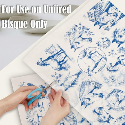 SUPERDANT 5pcs Horse Underglaze Paper Transfer Animal Transfer Papers for Clay Ceramic Porcelain Under Glaze Transfers for Pottery Enamel Decals Blue Underglaze Decal Handcrafted Gifts - style: Horses