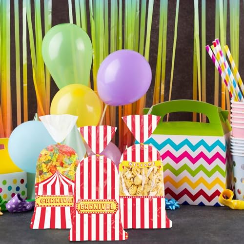 Threetols 120 Pcs Carnival Circus Cellophane Bags, Circus Gift Treat Snack Bag Goodie Candy Bag Red White Stripe Carnival Treat Plastic Bags with Twist Ties for Circus Carnival Baby Shower Party Favor - color: red
