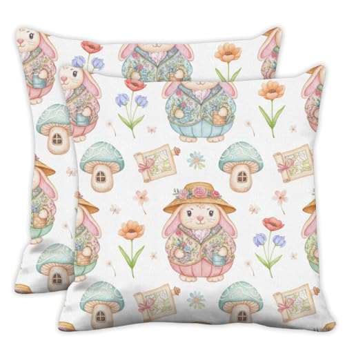 cute easter bunny pillow covers 18x18 in watercolor easter pillow covers 18x18 set of 2 Fantasy cartoon mushroom pillows cover spring tulip flower pillows cover decor whimsical bright pillowcover - color: Easter Bunny Mushroom