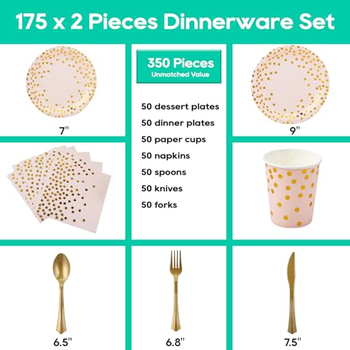 Pink and Gold Party Supplies - 350 PCS Disposable Dinnerware Set - Pink Paper Plates Napkins Cups, Gold Plastic Forks Knives Spoon for Graduation, Birthday, Thanksgiving, Cocktail Party - color: Pink & Gold