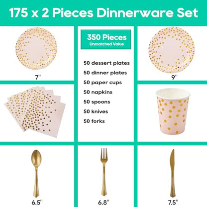 Pink and Gold Party Supplies - 350 PCS Disposable Dinnerware Set - Pink Paper Plates Napkins Cups, Gold Plastic Forks Knives Spoon for Graduation, Birthday, Thanksgiving, Cocktail Party - color: Pink & Gold