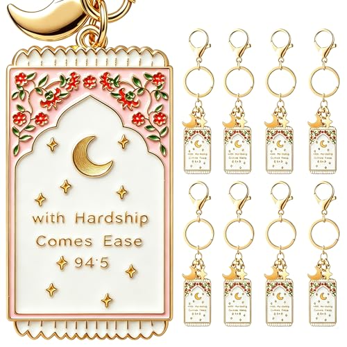 Huaerle 12 Pcs Islamic Keychain Gifts Bulk Gold Plated Enamel Muslim Keychain with Quran Verse & Charms Islamic Keyring Gift for Women Men