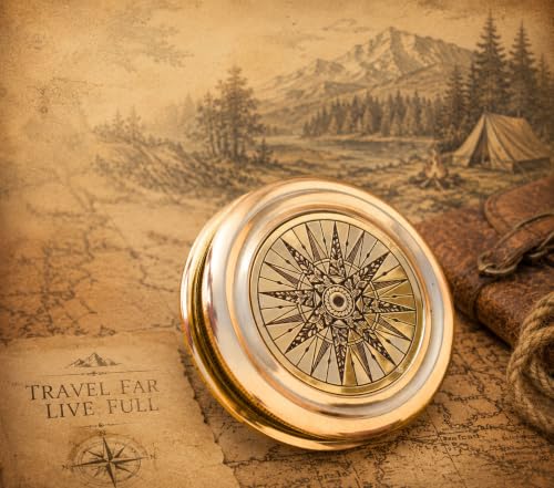 Antiqued Brass Robert Frost Poem Compass with Wooden Box, Inspirational Gifts for Woman, Aniversity Gifts for Men,Engraved,Wedding for Boys, Pocket Compass for Hiking Survival