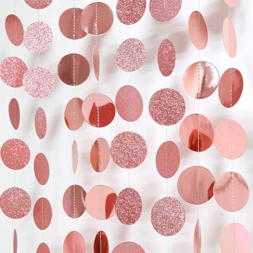 Cheerland Glitter Rose Gold Circle Dot Garlands for Christmas Decorations Rose Gold Party Decorations Hanging Banner Streamer Backdrop Decor Bday Bridal Shower Bachelorette EID Graduation Supplies - color: Glitter Rose Gold