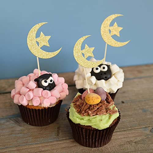 36 Pack Gold Glitter Moon and Star Eid Mubarak Cupcake Topper Ramadan Kareem Party Supplies Islamic Muslim Party Decorations - color: Gold-3