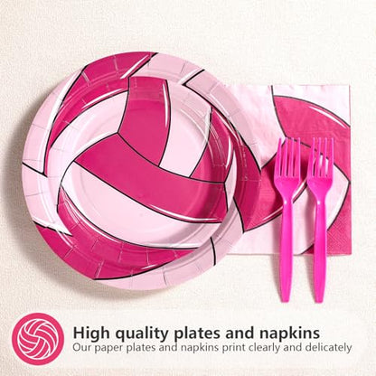Grencian 96Pcs Pink Volleyball Party Supplies Volleyballs Paper Plates and Napkins Sports Birthday Party Disposable Tableware for Girl Volleyball Birthday Decorations Serves 24 - style: Pink Volleyball Party