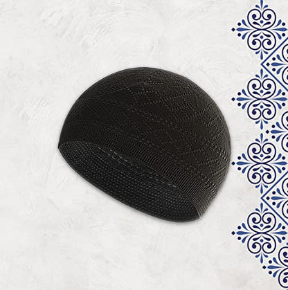 ESERRA Kufi Hats for Men - Prayer Cap, Handicraft Taqiyah, Muslim Tasbih 99 Beads, Prayer Beads - color: White Black Grey and Green
