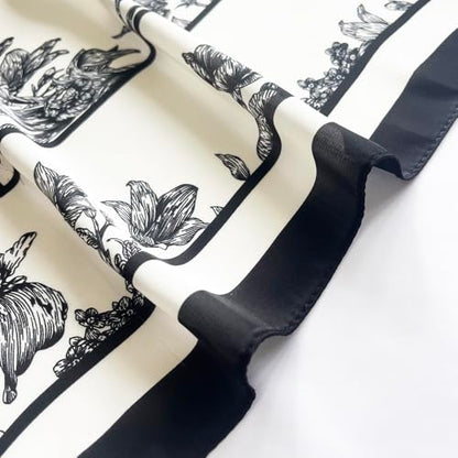 FONYVE Silk Feeling Scarf Medium Square Satin Head Scarf for Women 27.5 × 27.5 inches - color: 03 Black & White Flowers