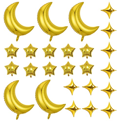 25Pcs Moon Star Shape Foil Balloons Set with 5 Pcs 28 Inch Large Moon Foil Balloons and 20 Foil Star Balloons for Wedding Baby Shower Birthday Graduation Anniversary Party (golden) - color: Golden Moon Star