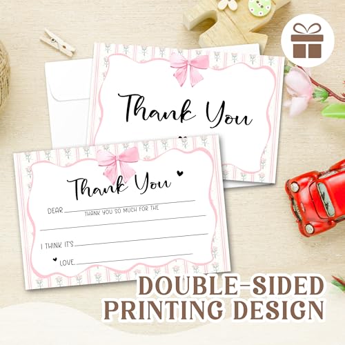 Kids Thank You Cards with Envelopes, Pink Bow Theme Fill in the Blank Thank You Notes for Kids, Toddler Stationery Set, Ideal for Birthday Party, Graduation & School Gag Gifts - B04 - color: Pink Bow Style