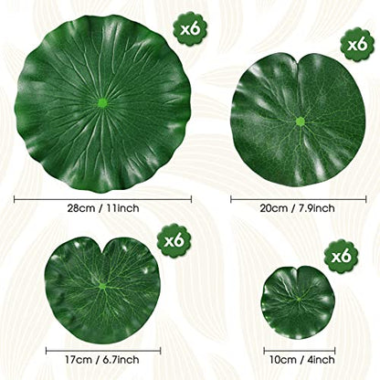 24 Pieces 4 Sizes Artificial Floating Foam Lotus Leaves Water Lily Pads Ornaments Artificial Foliage Pond Decor for Patio Fish Pond Pool Aquarium Home Garden Wedding Party Decoration