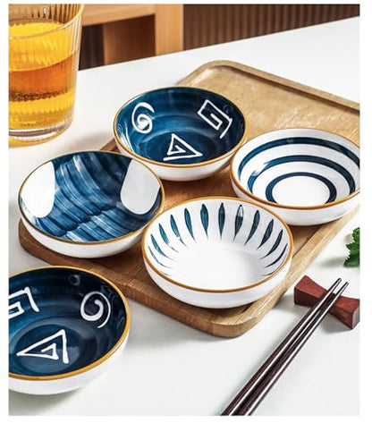 4 Pack 3 oz Small Soy Sauce Dish Ceramic Dipping Sauce Bowls | Japanese Style/Cute/Mini Dipping Bowls for Sushi,Side Dish,Ketchup,Dips,Condiment,Snack/BBQ Party/Stackable - color: Japanese Blue