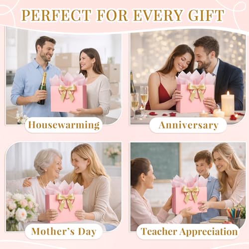 ANZNKU 2PCS Pink Gift Bags for Women, Cute Medium Gift Bags with Handles 4 Tissue Paper 2 Ribbons 2 Cards for Her Wedding Graduation Birthday Engagement Bridal & Baby Shower Party Favors Gifts Wrap - color: Elegant Pink