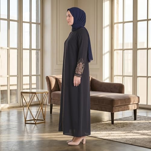 Women's Embroidered Sleeves Abaya and Embroidered On The Side of The Zipper Long Sleeve Floor Length Turkish Fashion - color: Navy Blue, size: Large