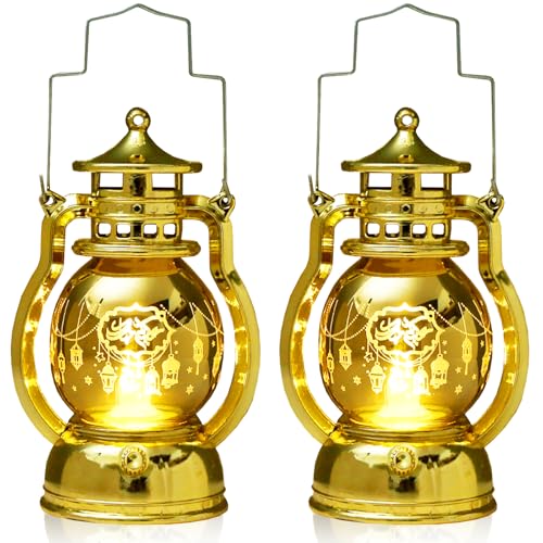 ABTOLS 2 Pieces Ramadan Lantern Lights，Hanging Lamp Eid Mubarak Flameless Candle Lanterns Mini Moon Star Ramadan Hanging Candle Lantern Gold Islamic Muslim Light Lantern for Home Tabletop Decor - color: Ll-em-19-2pcs