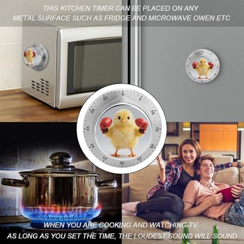 60 Minute Visual Wind Up Timer, Mechanical Kitchen Timer with Magnetic Base & Loud Alarm, Battery-Free Manual Cute Yellow Boxing Chick Countdown Clock for Focus Cooking Studying Gaming Classroom