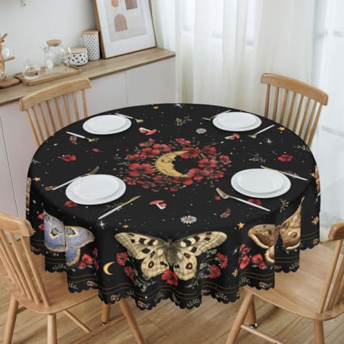 Witchy Moth Table Runner, Gothic Red Boho Floral Sun Moon Flower Mushroom Butterfly Mystical Tarot Coffee Table Center Decor for Kitchen Dining Holiday Party Table Decorations, 36" Round - color: Moon-3, size: 36" (Round)